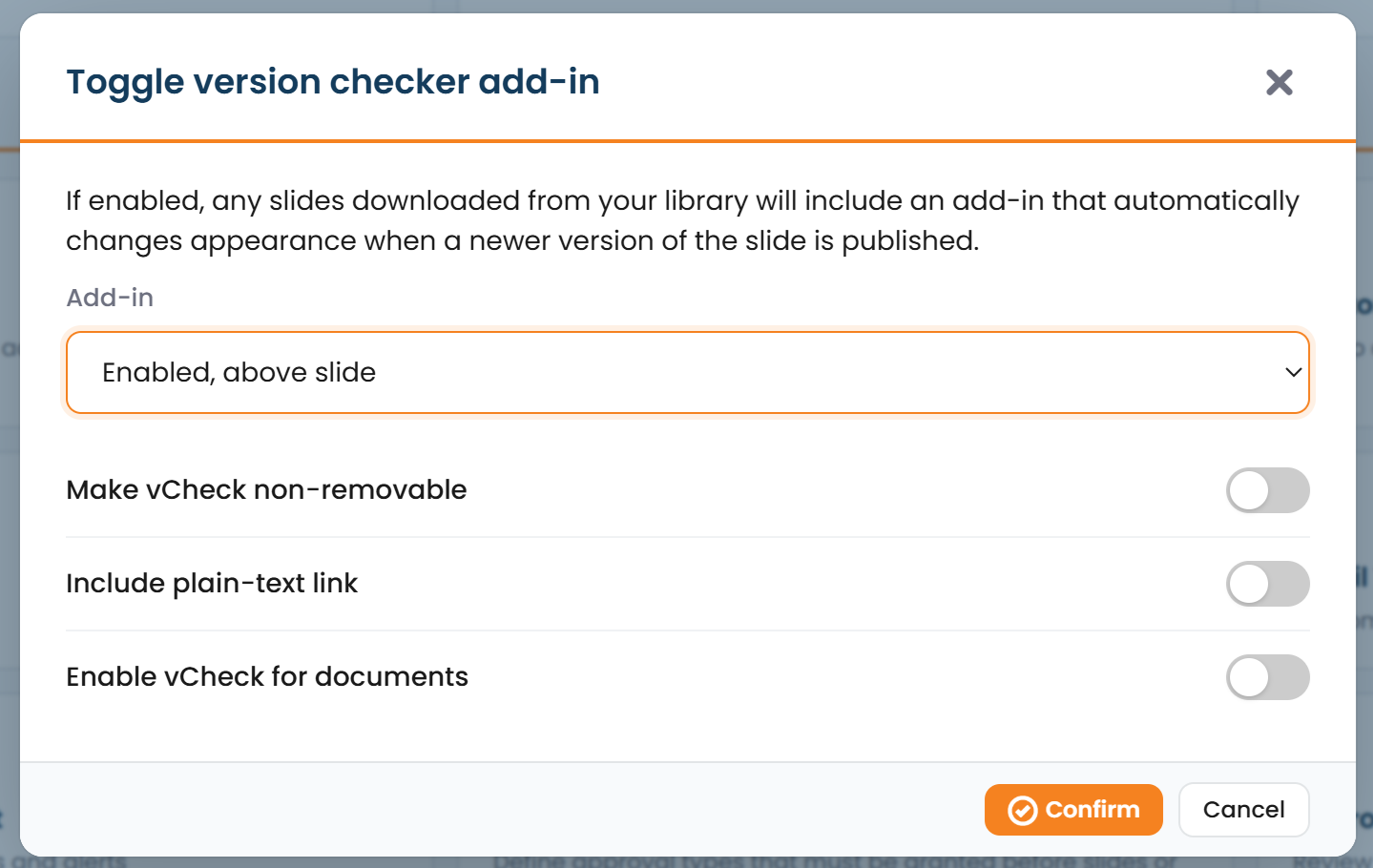 Add-in Settings with the vCheck stamping and non-removable / plain-text options
