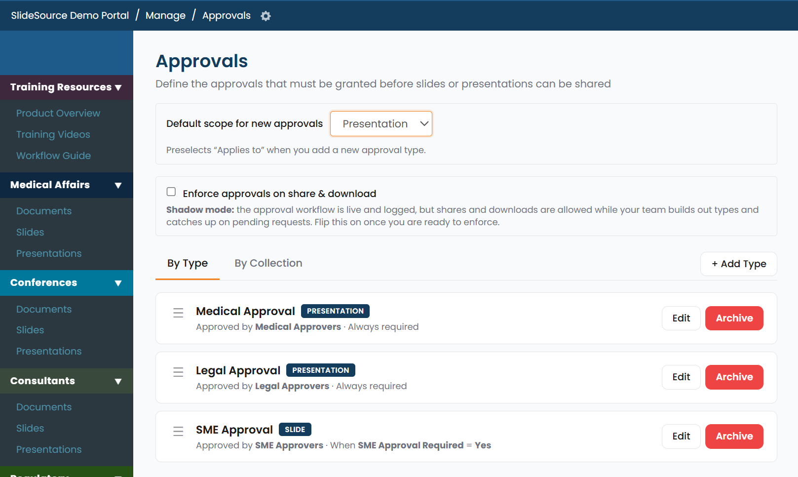 Approval Settings with the three library modes