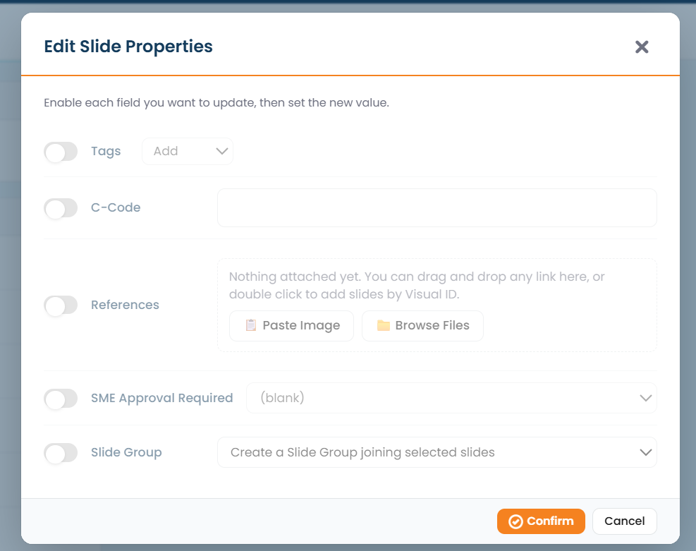 The tray's Edit properties applying a change to several selected slides