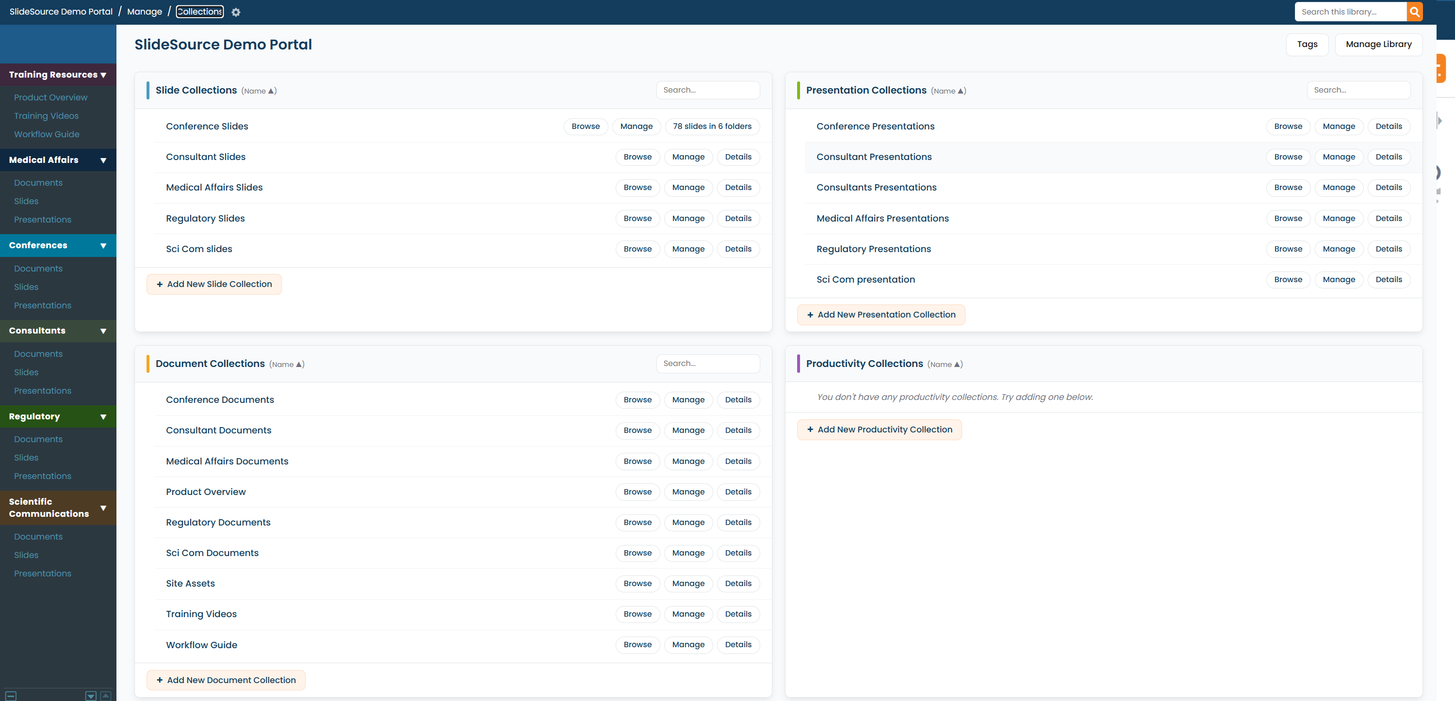 A collection Manage page showing the card grid of collection tools