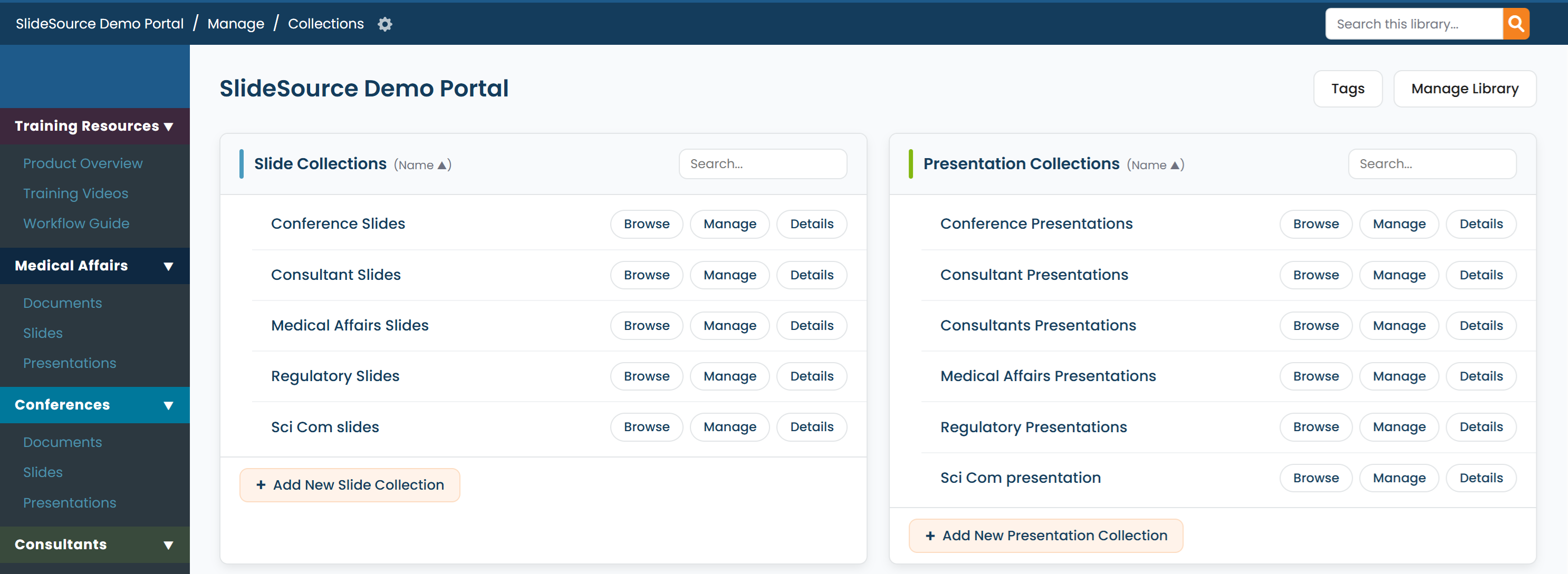 Manage Library with the collections list and an Add Collection control