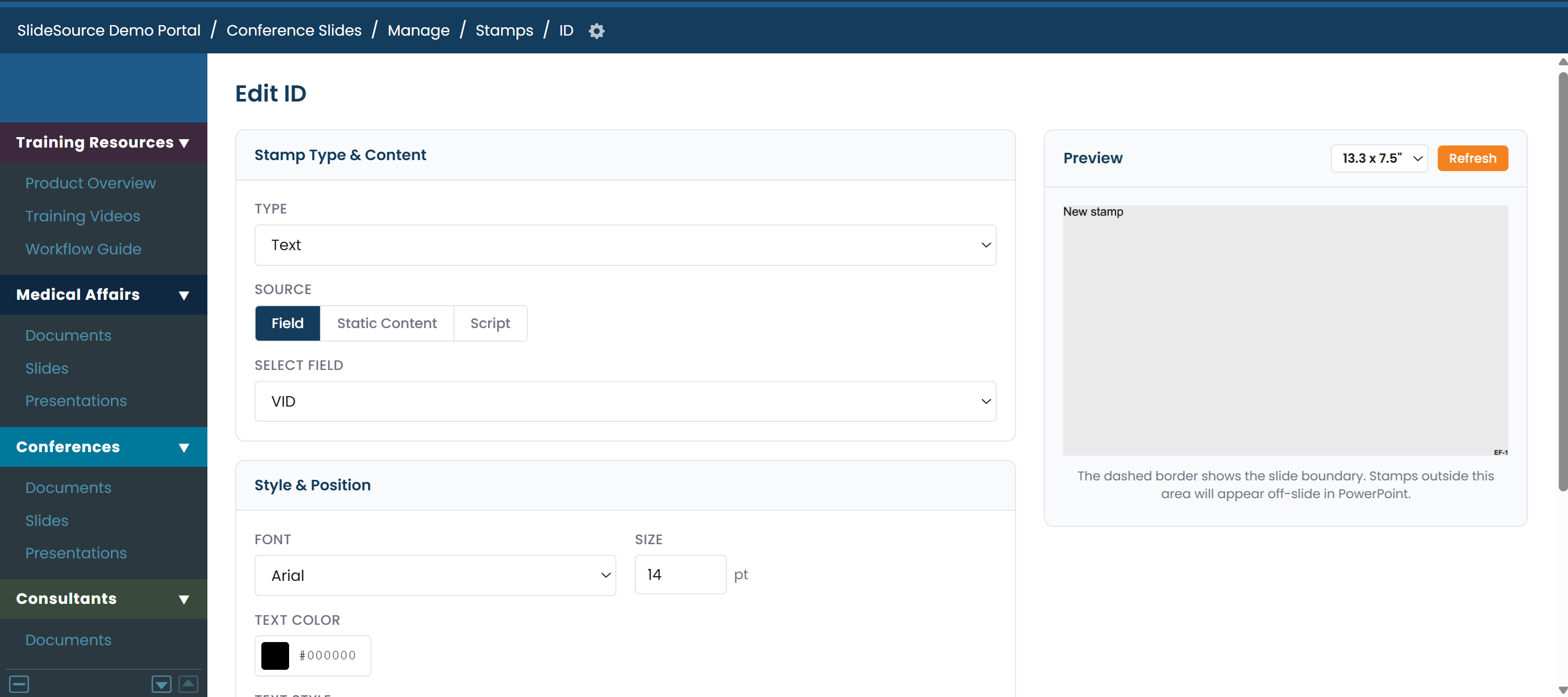 Configured Stamps editor with content source, font, color, position, and live preview