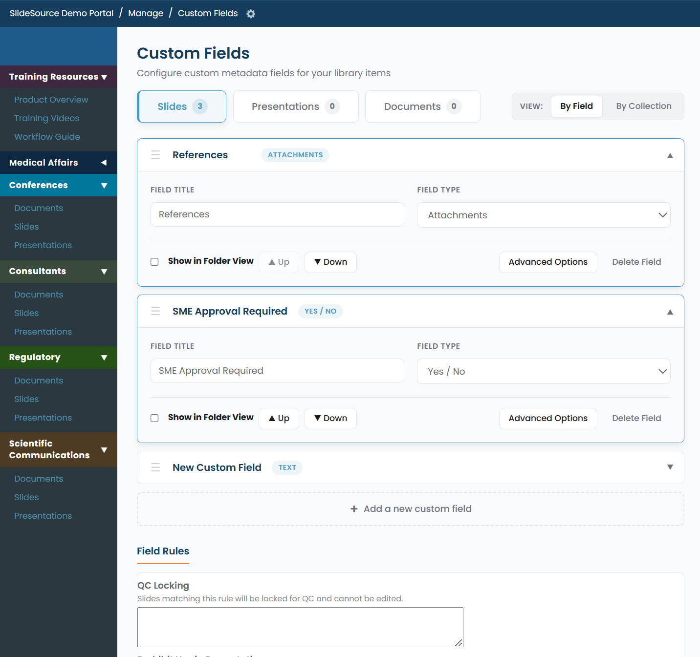 Custom Fields with Slides / Presentations / Documents tabs and a field being configured