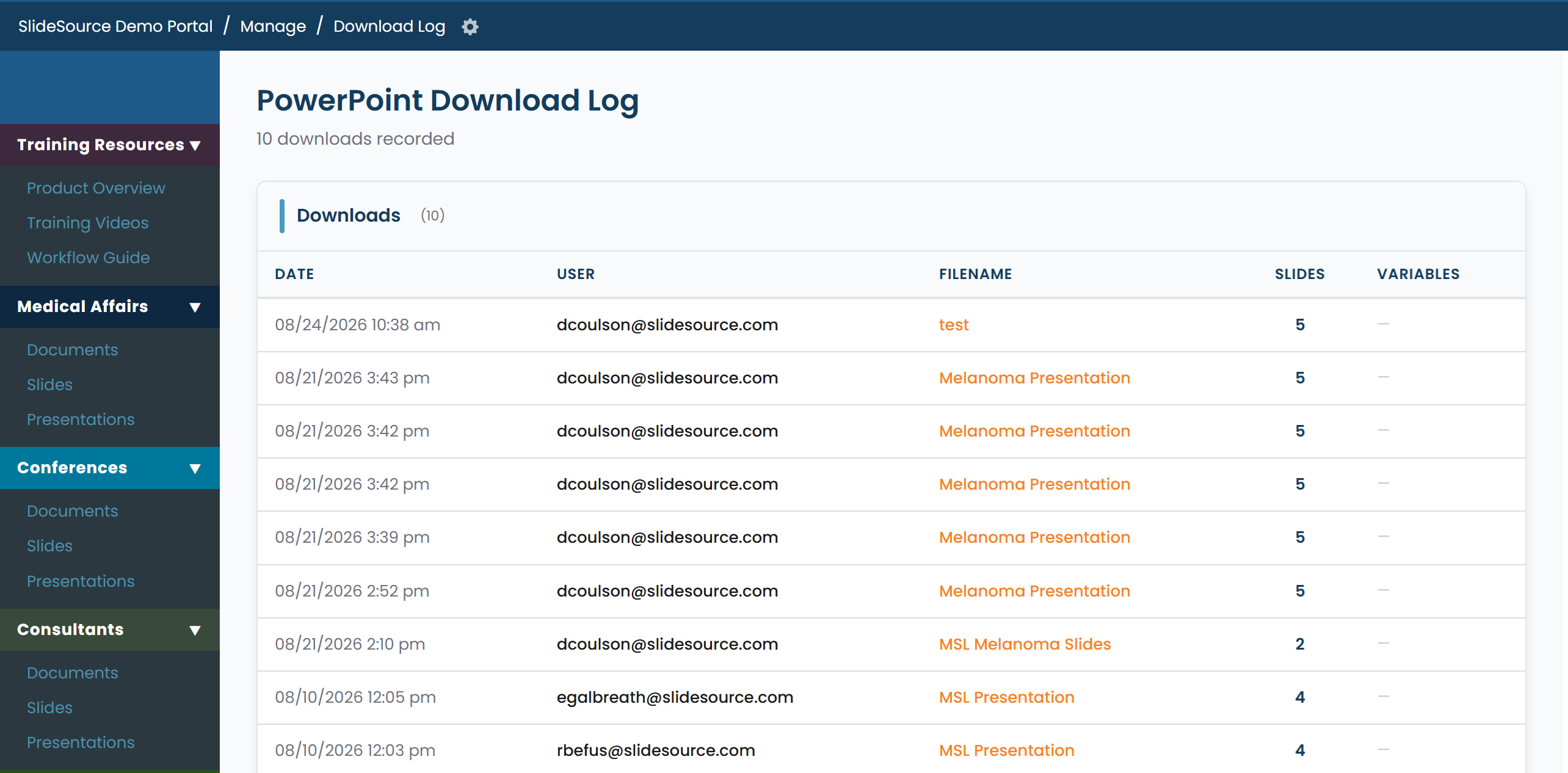 View Download Log listing downloaded PowerPoints
