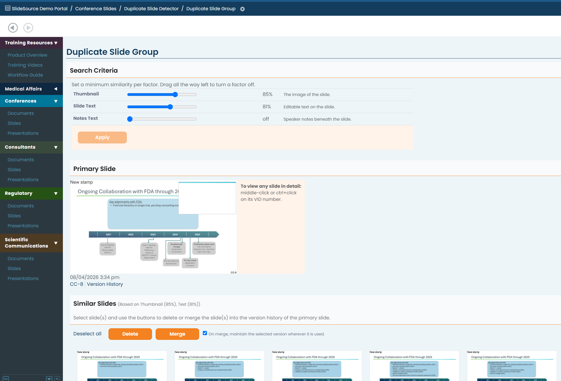 Duplicate Detection showing near-identical slides side by side to compare and merge