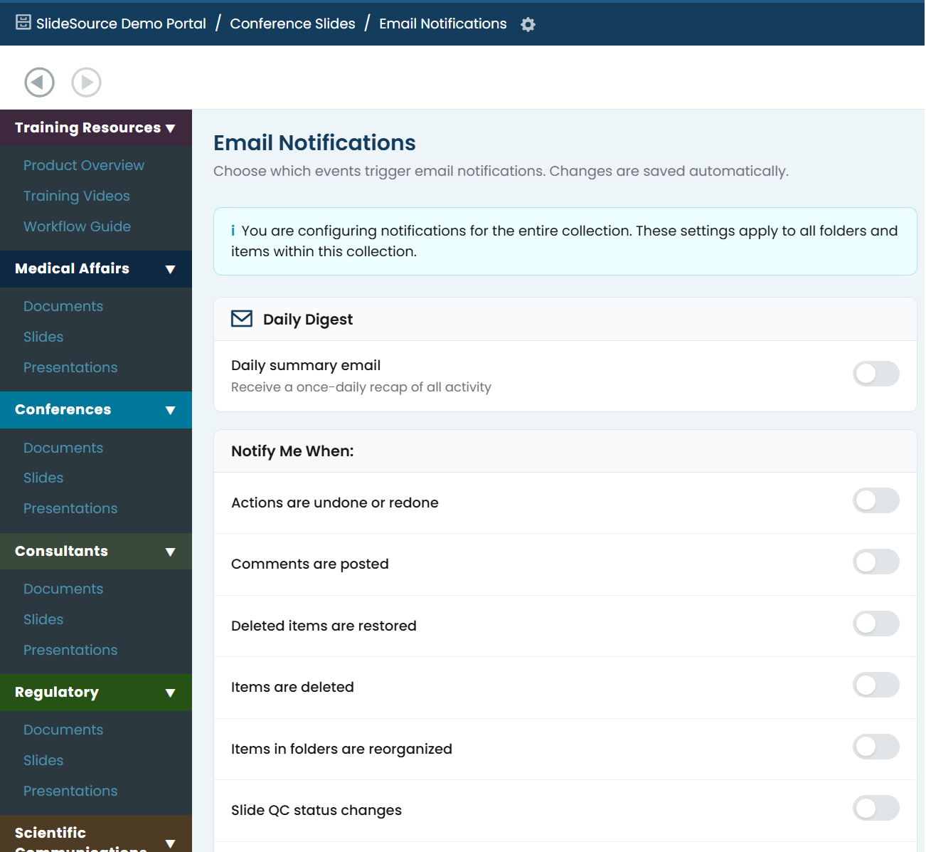 Email Notifications settings on a collection Manage page