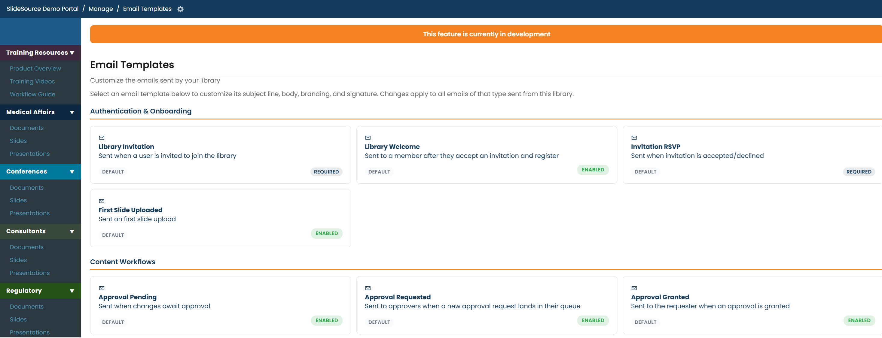 Email Templates list grouped into four categories with optional templates toggleable