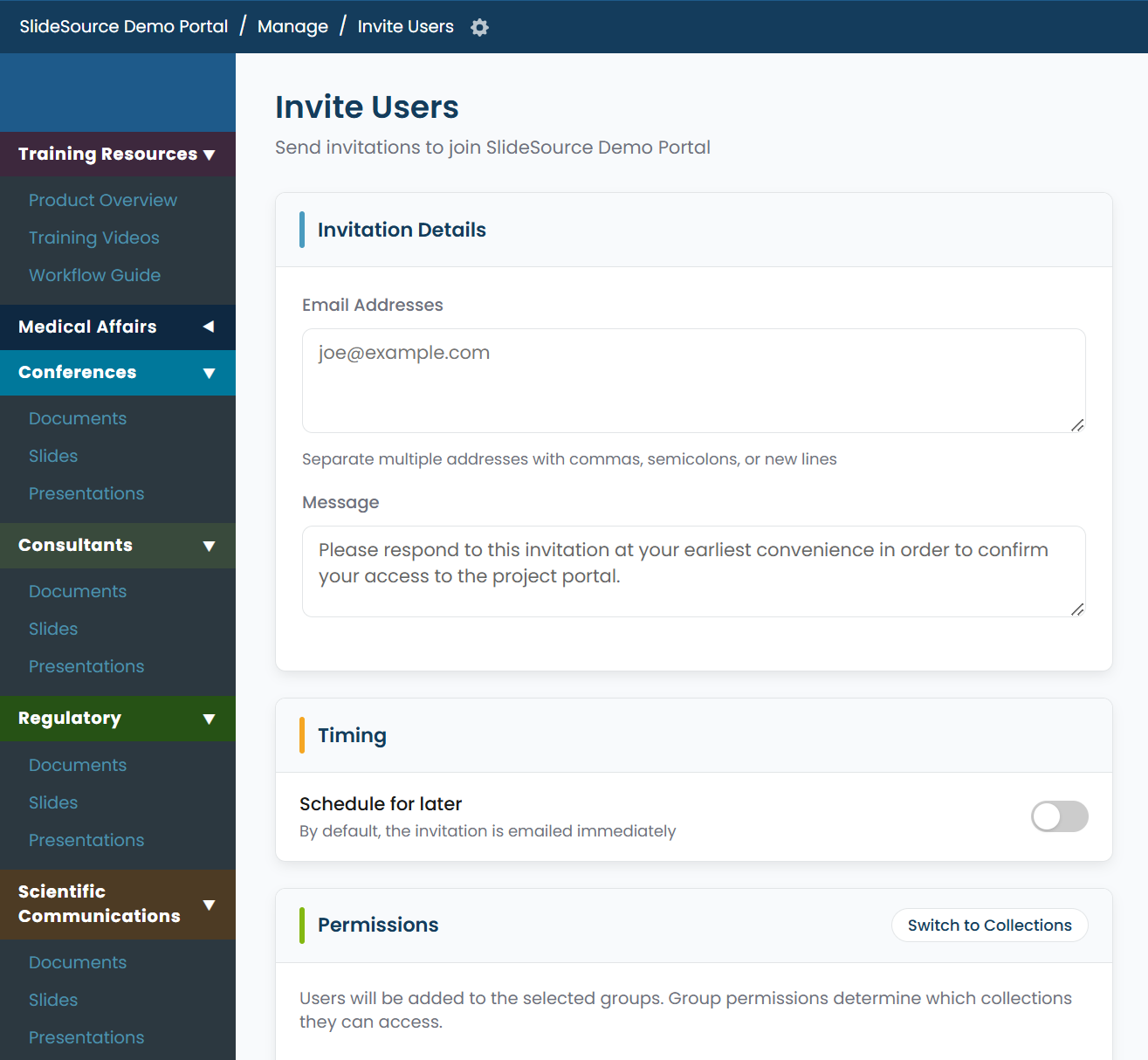 Invite Users dialog with bulk email addresses, group assignment, and schedule option