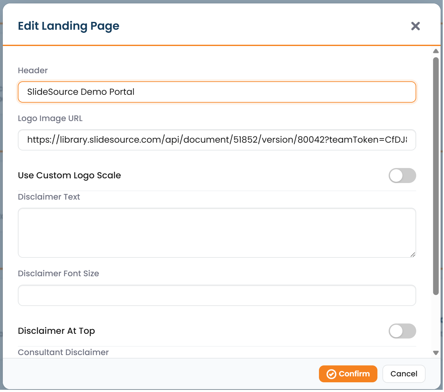 Edit Landing Page with header text, logo, disclaimer, and consultant disclaimer