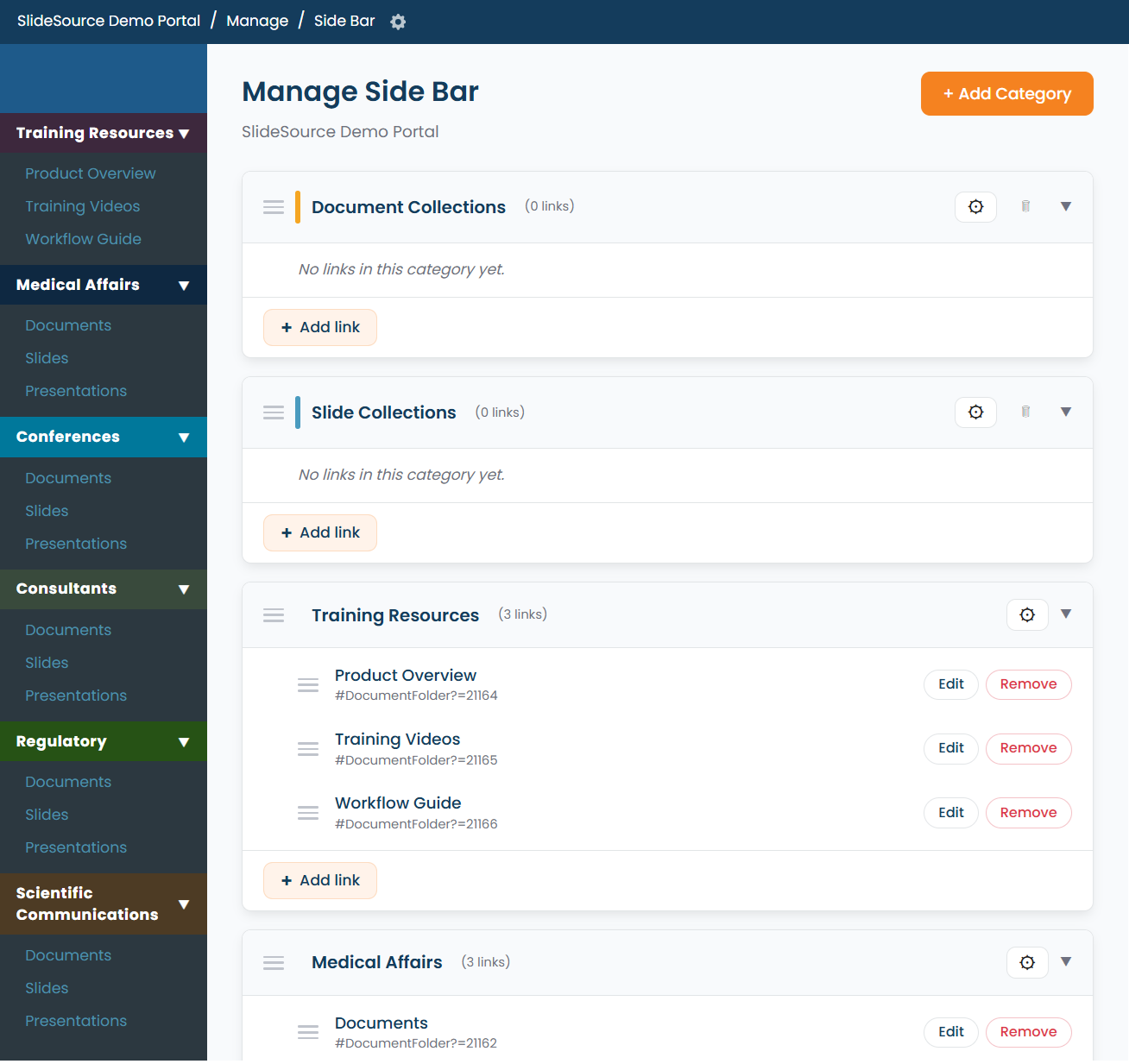 Manage Side Bar editing categories and links