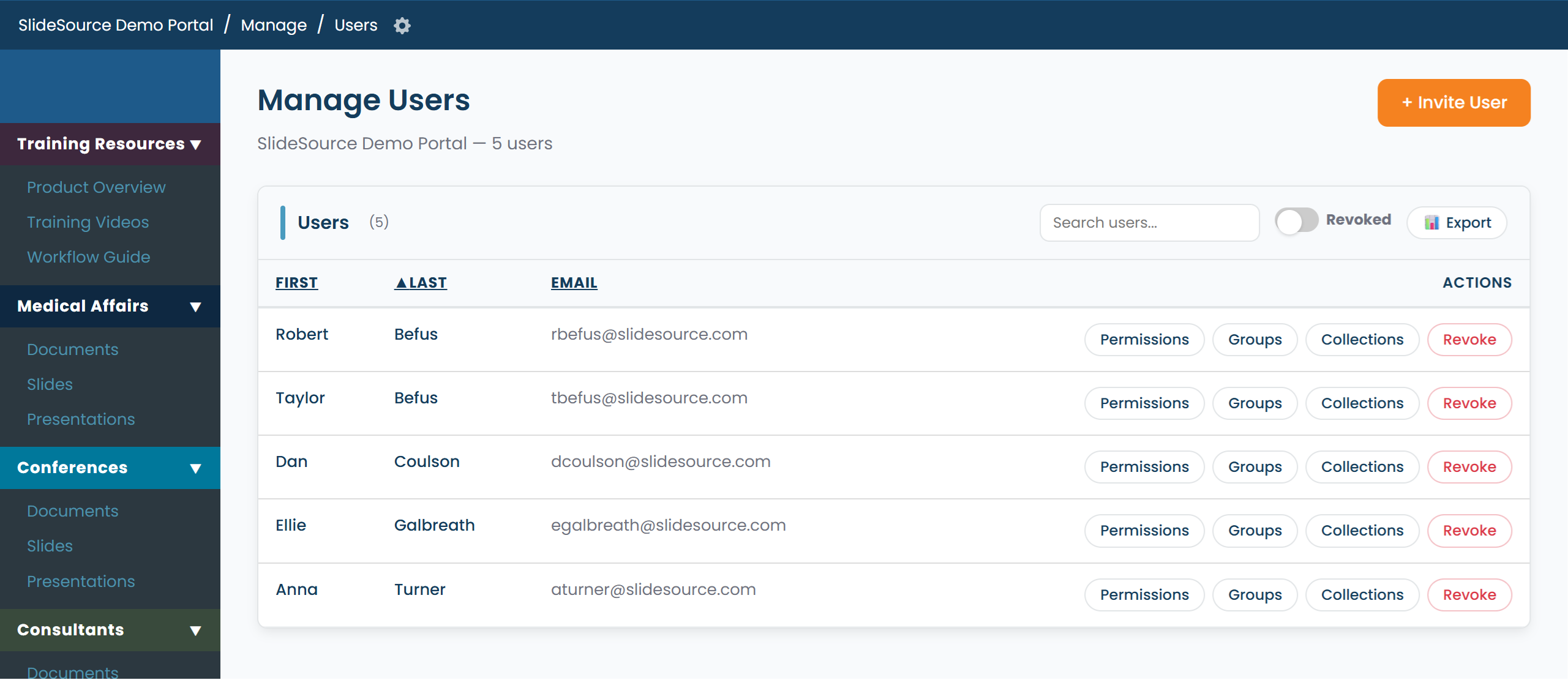 Manage Users list with per-user permissions, groups, and pending-invitation controls