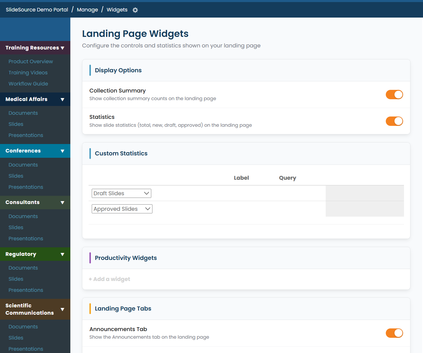 Manage Widgets selecting collections to show on the home page