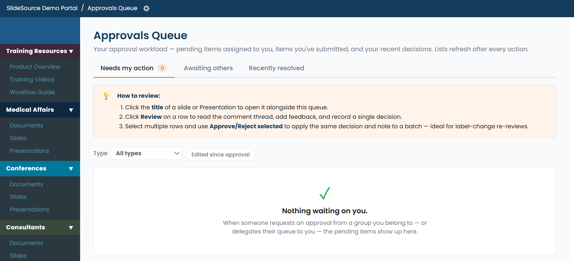 The Review queue listing pending slide versions with Approve / Reject and a comment field