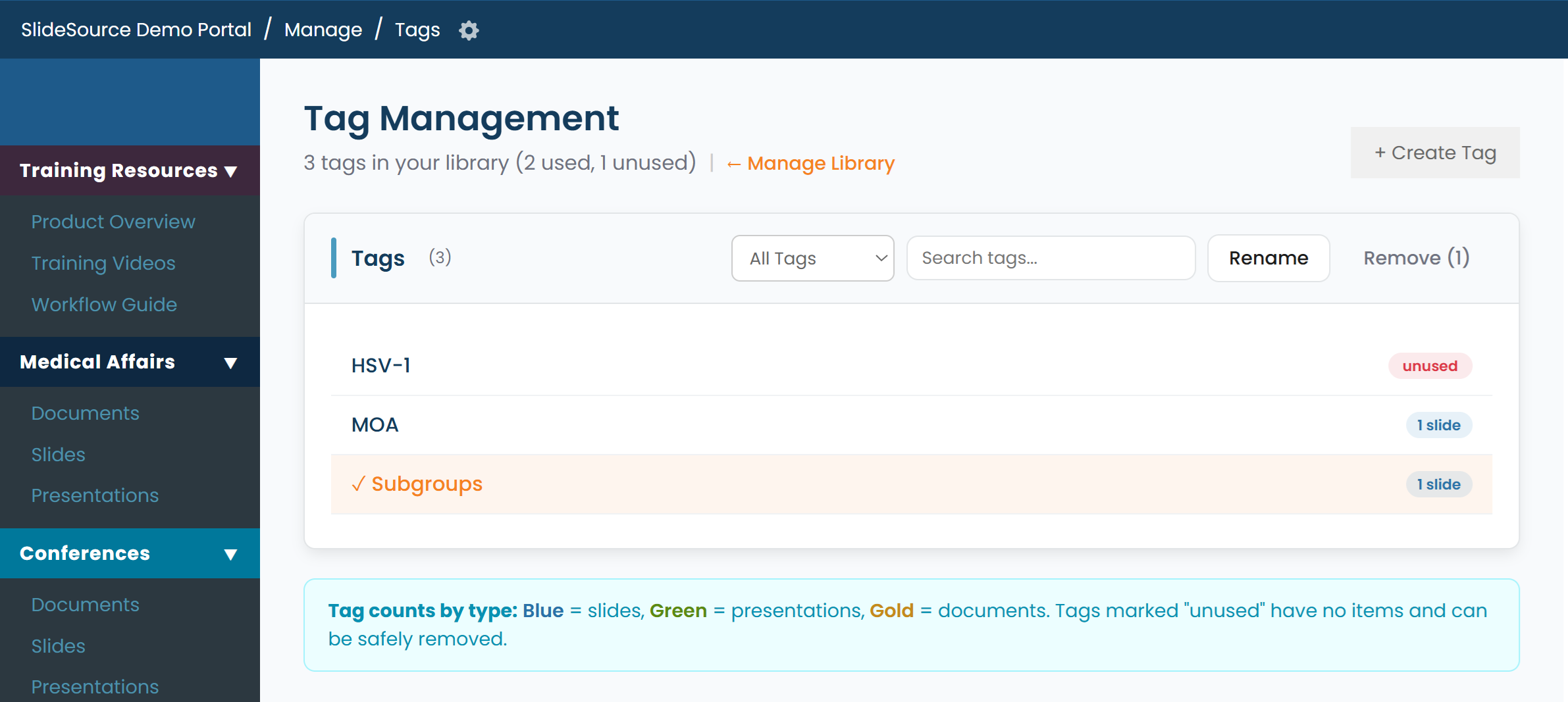 Tag Management listing tags with usage counts, rename, and remove