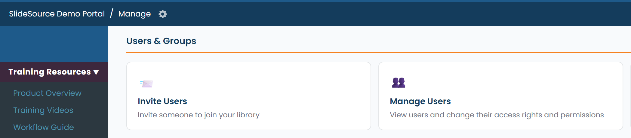 Manage Groups and Invite Users entry points in Manage Library