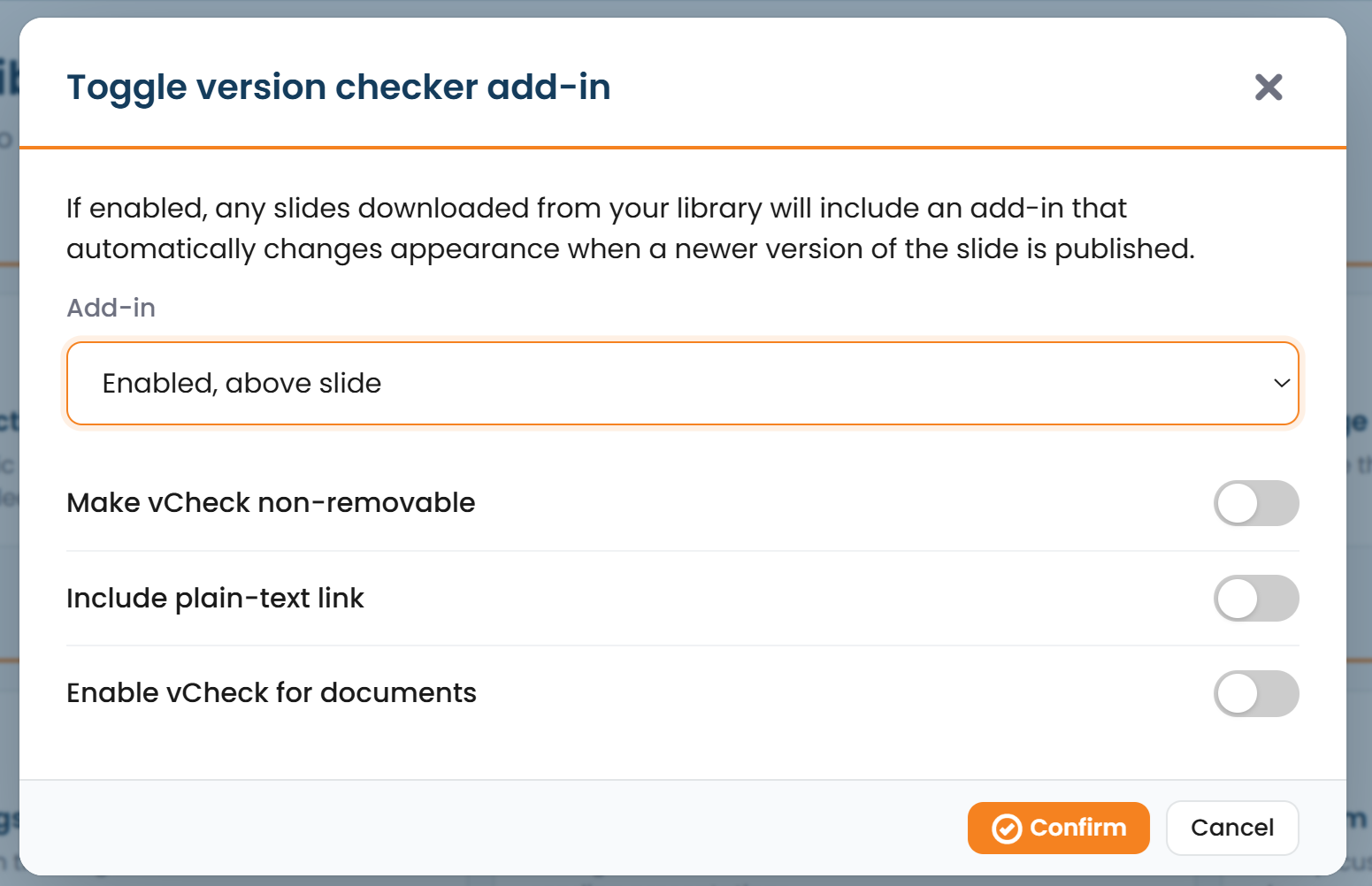 Add-in / vCheck Settings with placement options and non-removable toggle