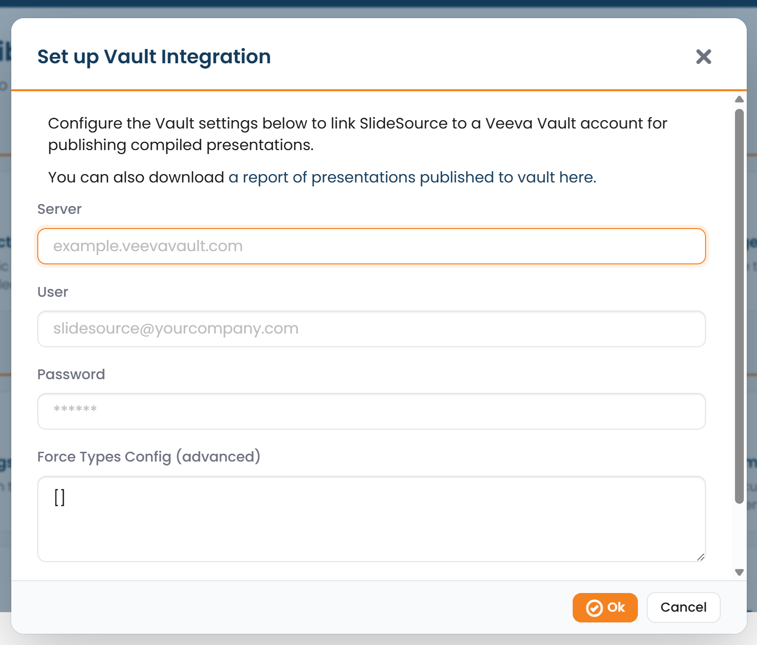 Veeva Vault connection settings — server, user, password, config