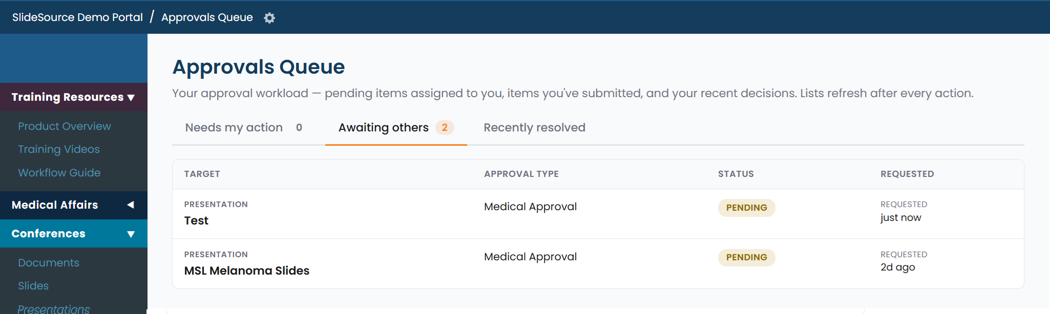 A slide folder with the View slides pending approval action, and the Review queue it opens