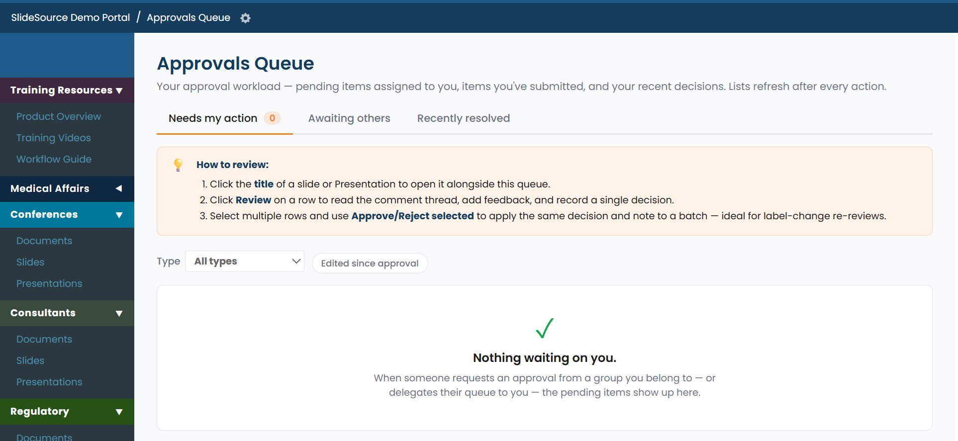 Approve and Reject controls on a pending slide, with a comment field for rejection feedback