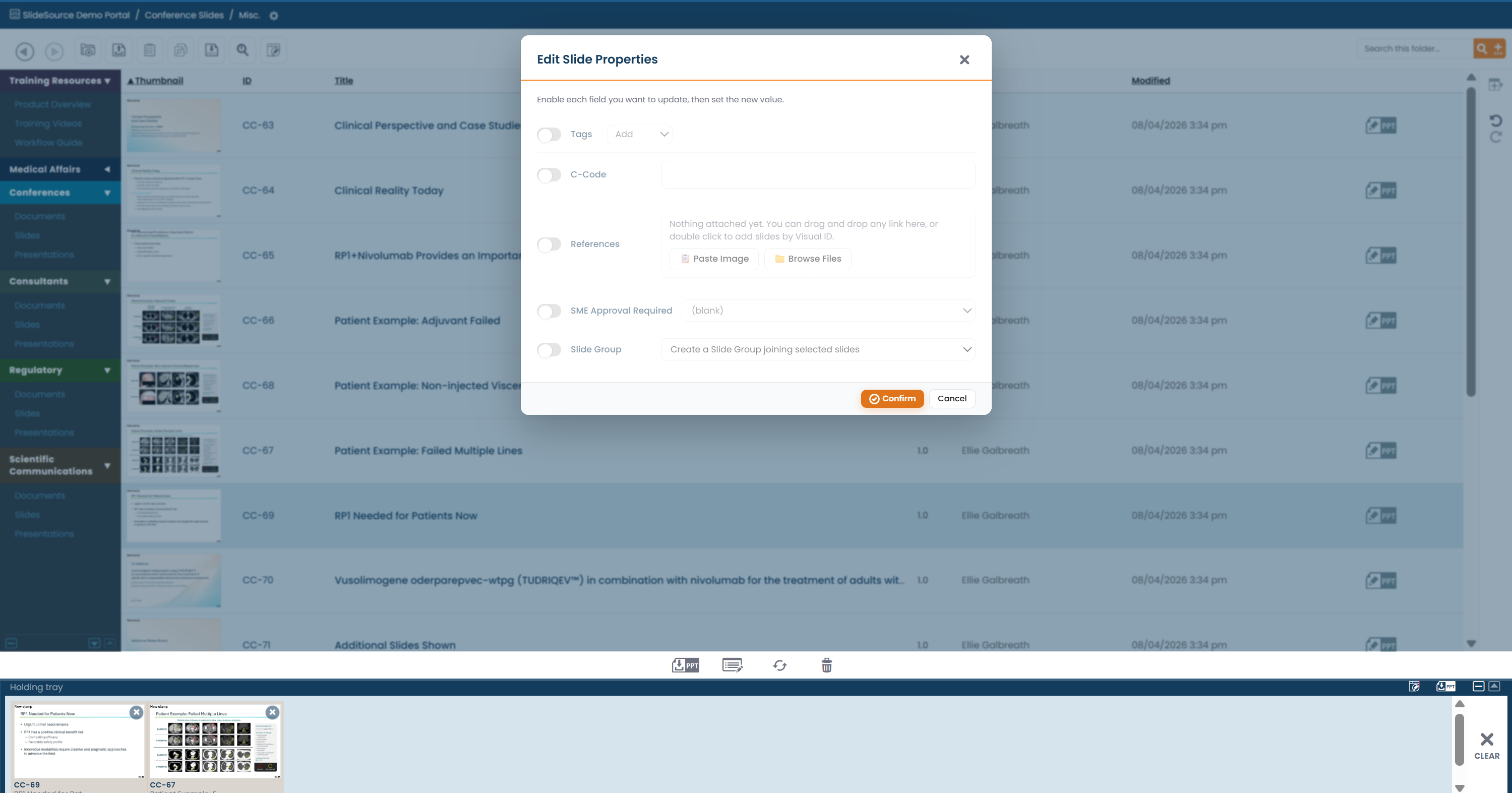 The tray with several slides collected and the bulk-edit properties panel open