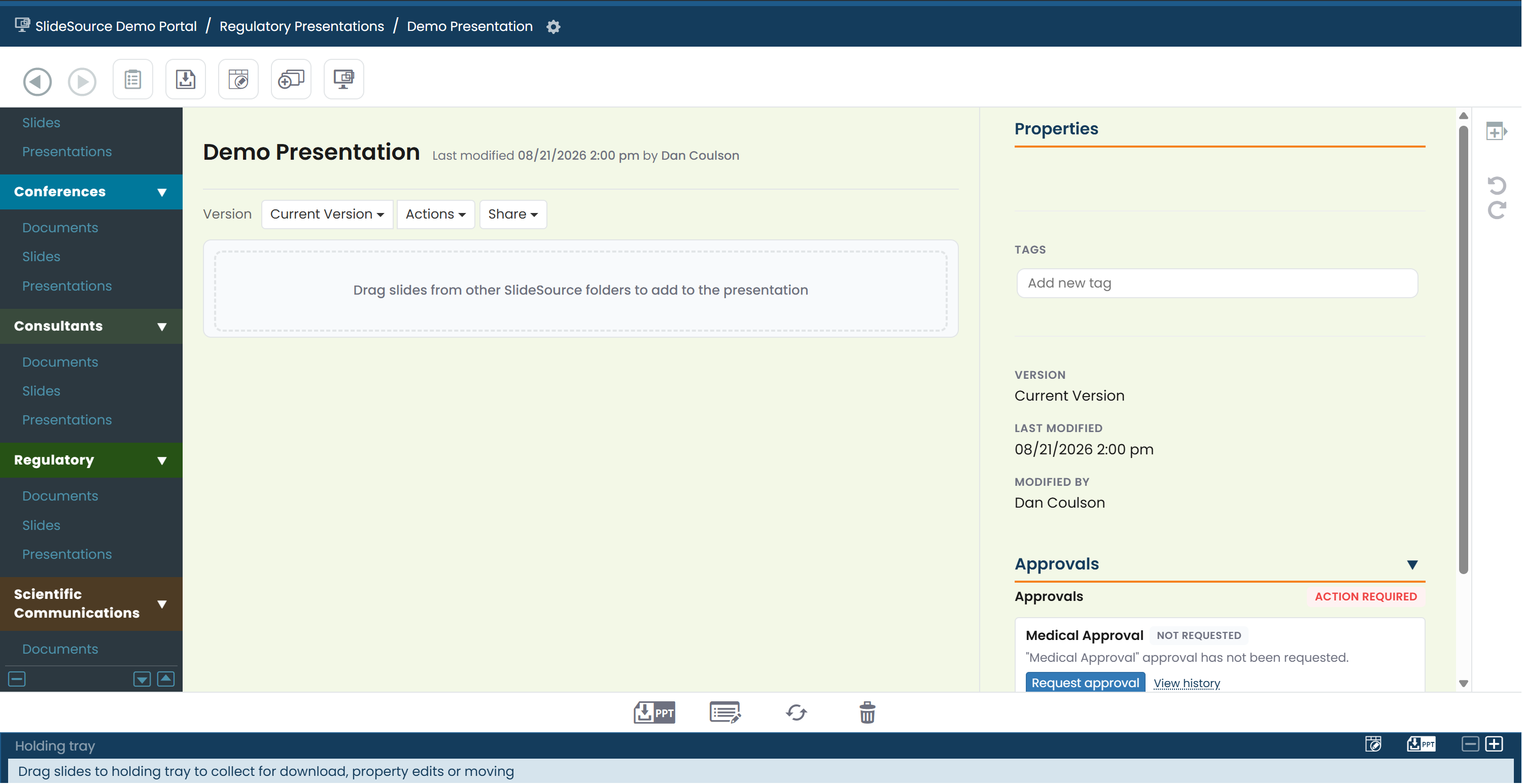 New presentation open in the two-pane builder — slide list on the left, Properties on the right