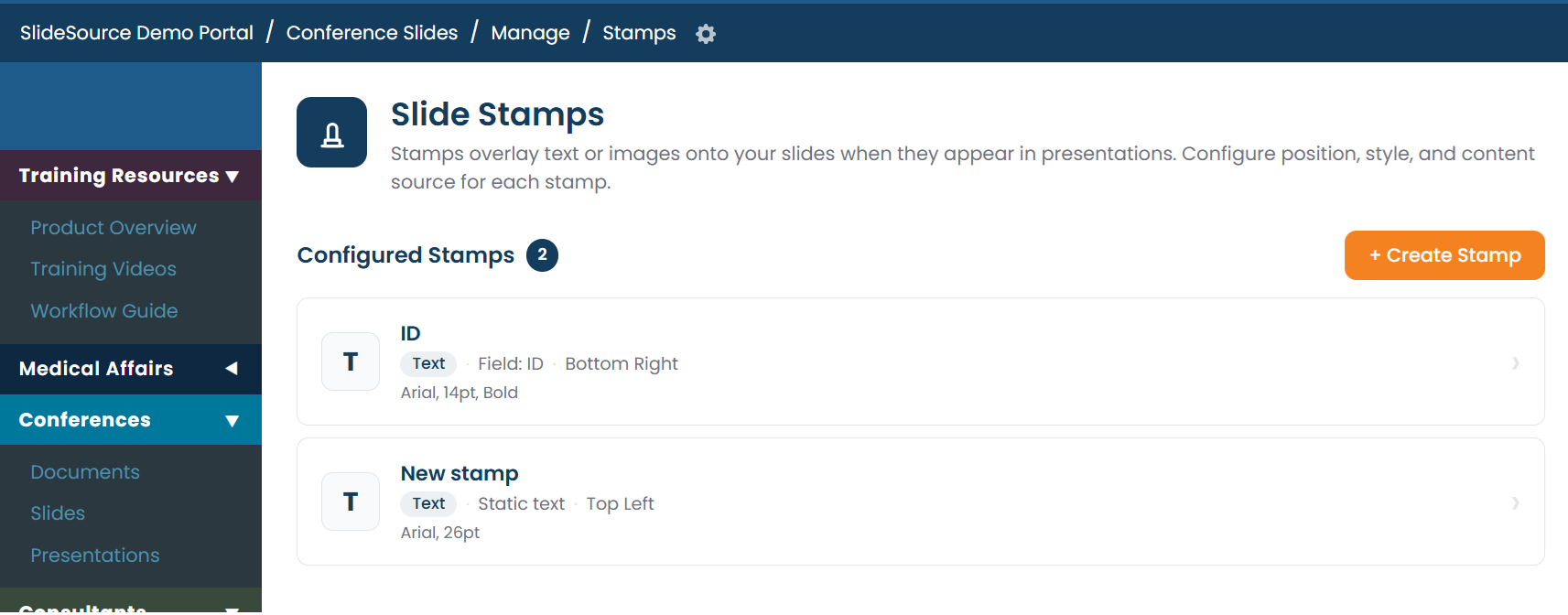 The stamp editor with source type, font, position controls, and a live preview on a slide