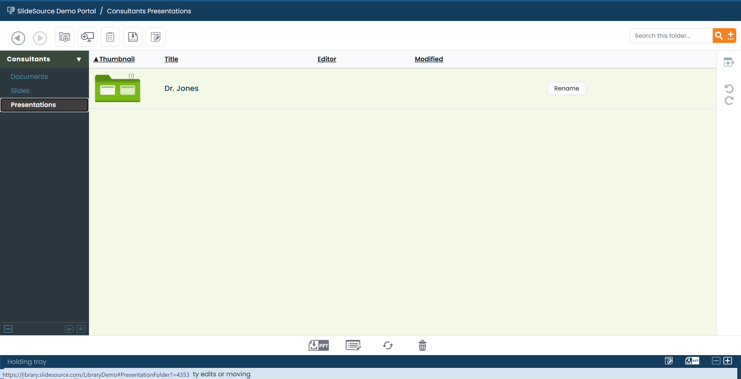 The branded, single-collection consultant view with view and download-to-desktop actions