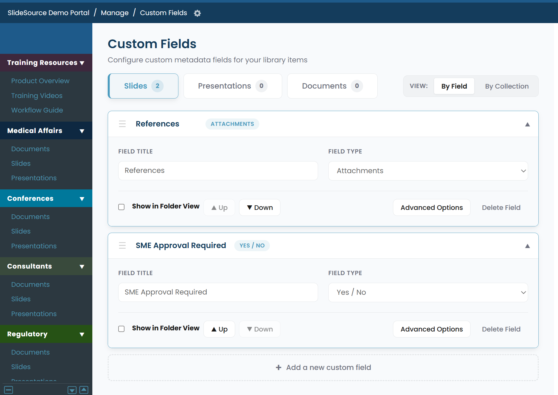 The Custom Fields admin screen listing fields with their types and settings