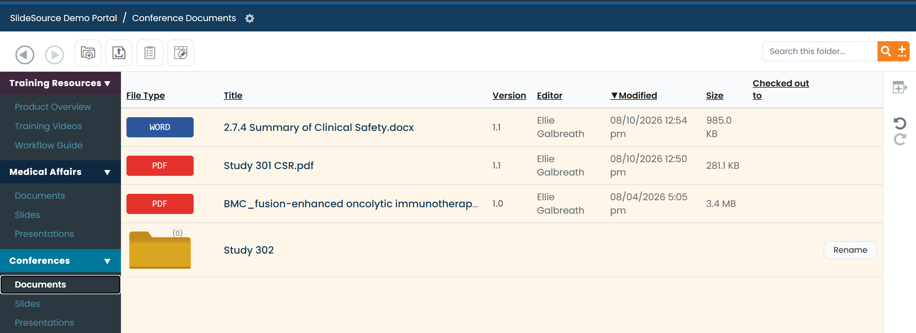 A document folder table with file-type icons, version numbers, editor, modified date, size, and checked-out-to columns