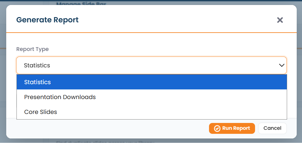 The Download Report screen with statistics, presentation-downloads, and custom report options