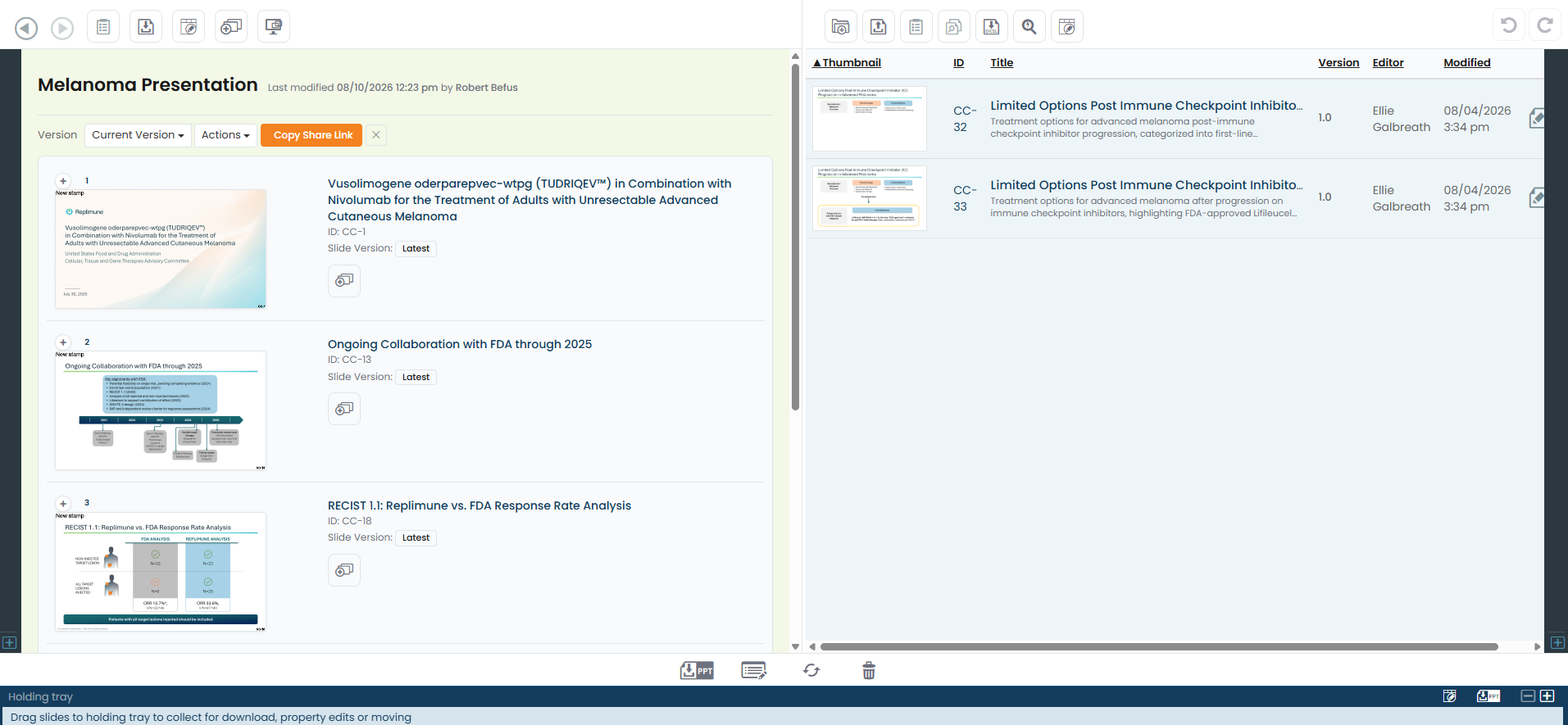 Dual-pane view with a presentation on the left and slides on the right