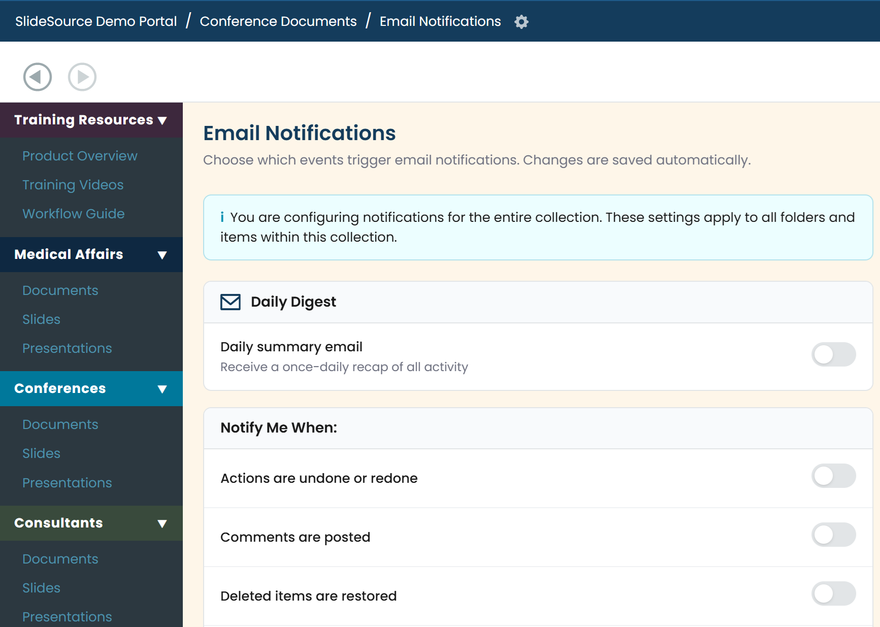 The Email Notifications pane with the Daily Digest option and Notify Me When toggles