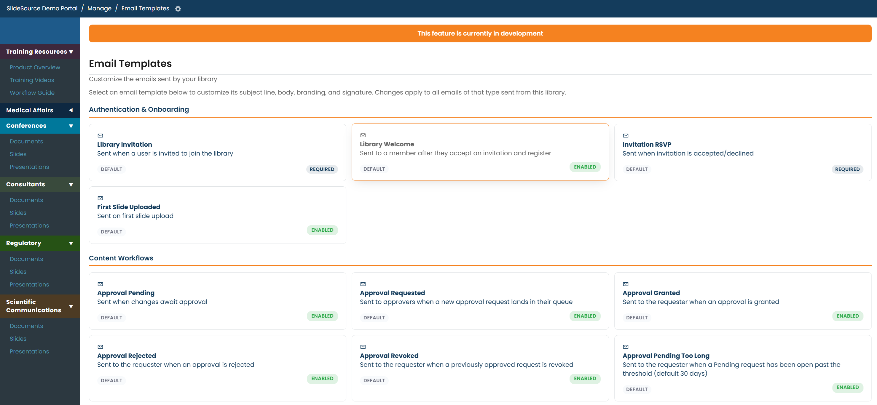 The Email Templates manager listing the template types grouped by category