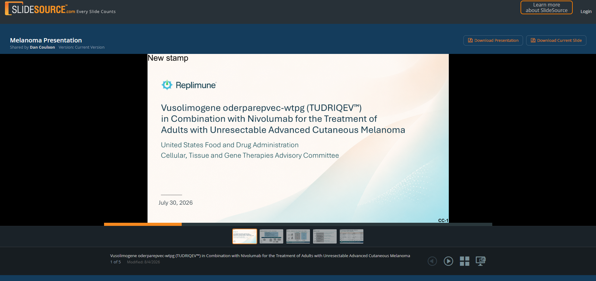 A public presentation share page showing the deck title, version, and slide-by-slide view