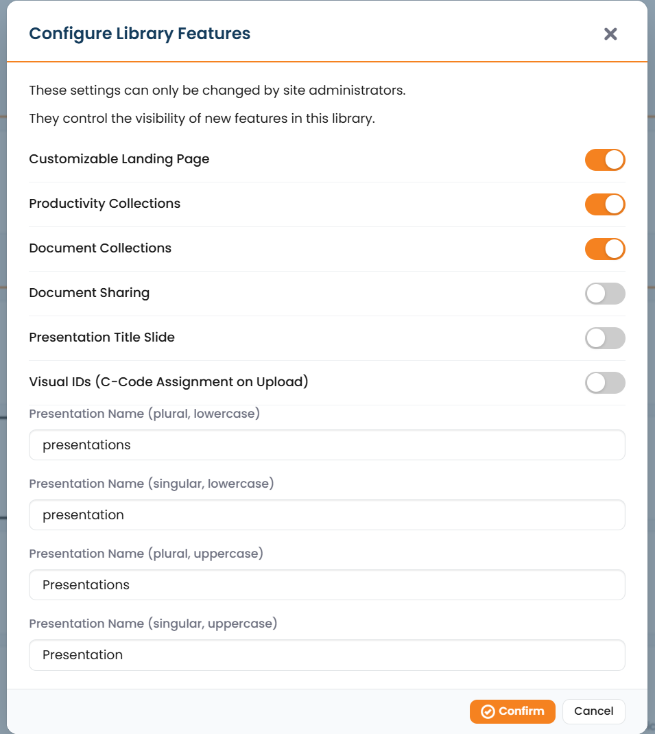 The Library Features dialog with feature toggles and the presentation naming options