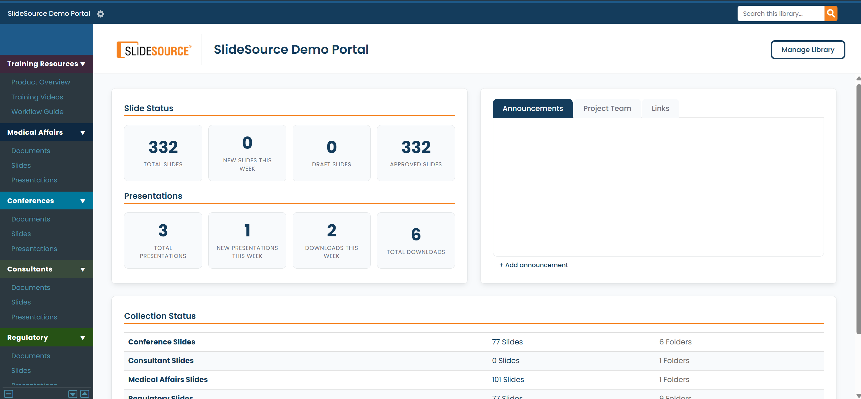 The SlideSource Library landing page with collection widgets, statistics, and search