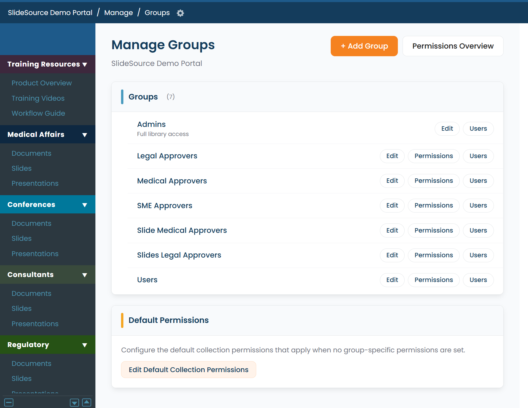 Manage Groups with a group selected and its per-collection capabilities
