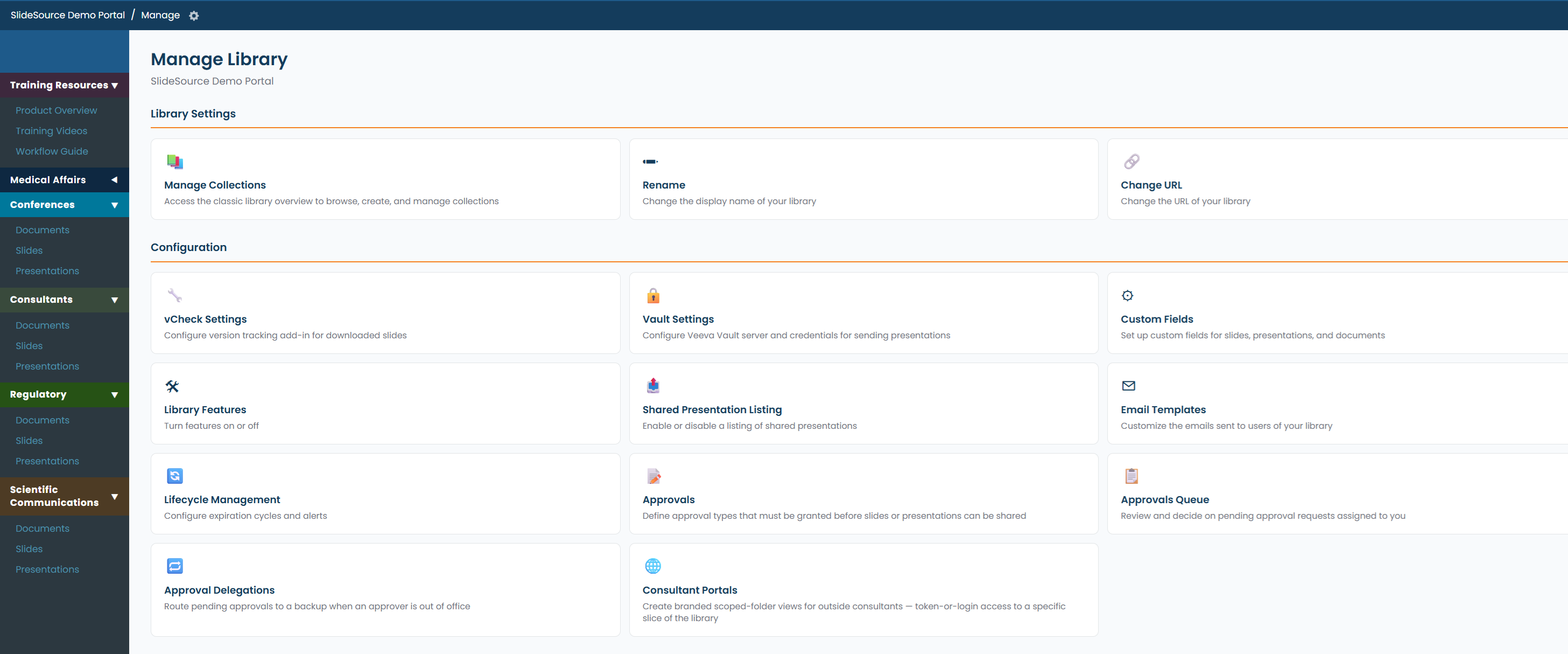 The Manage Library dashboard — a grid of cards grouped into Library Settings, Configuration, Content Management, Landing Page, Reports & Activity, Users & Groups, and Subscription