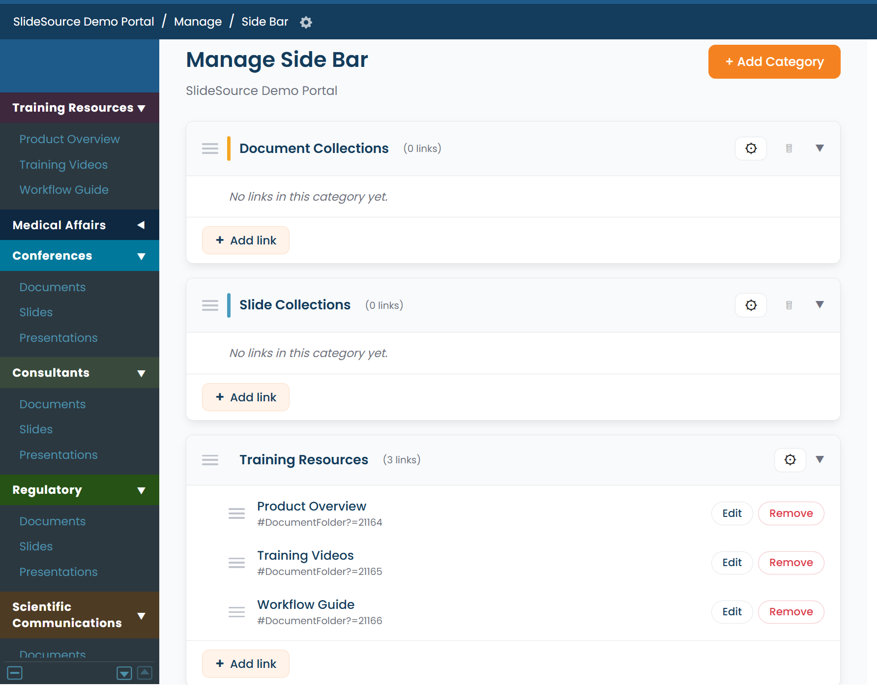 Manage Side Bar with collections and links grouped and ordered