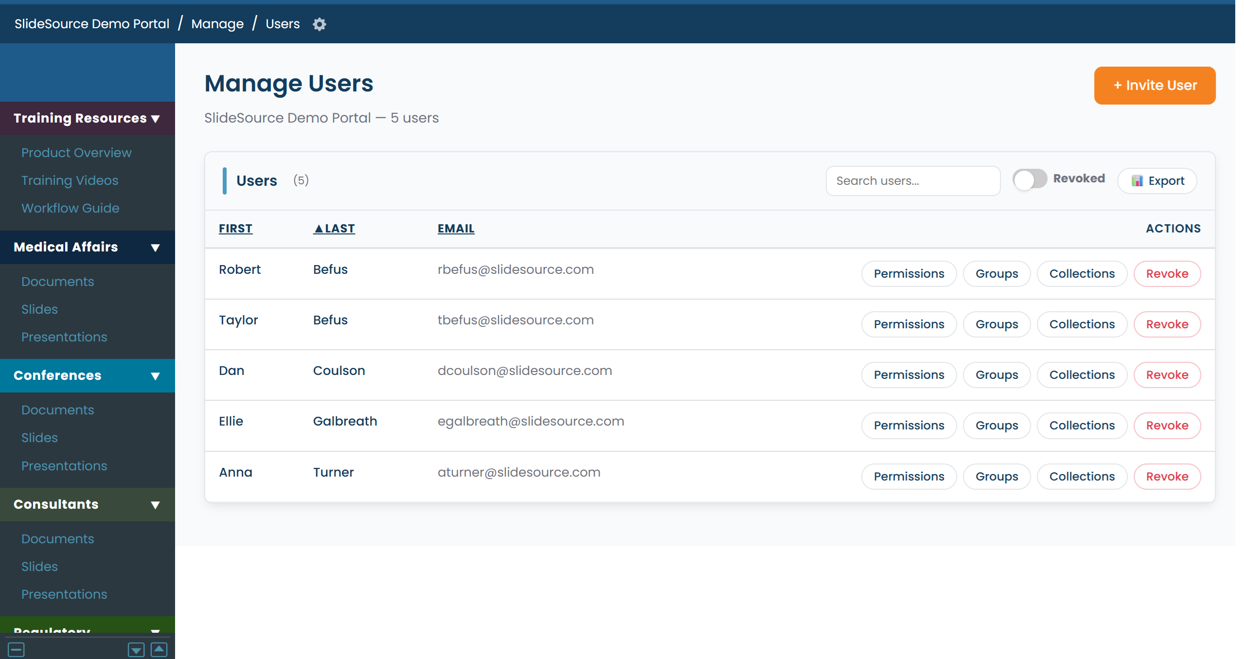 Manage Users listing people with role and per-user access controls