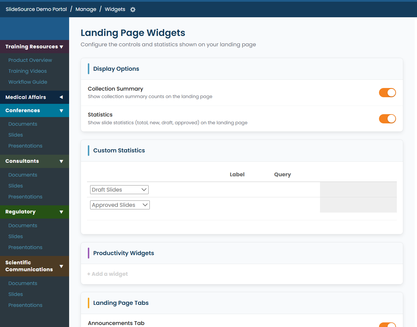 Manage Widgets with the set of available widgets and their arrangement