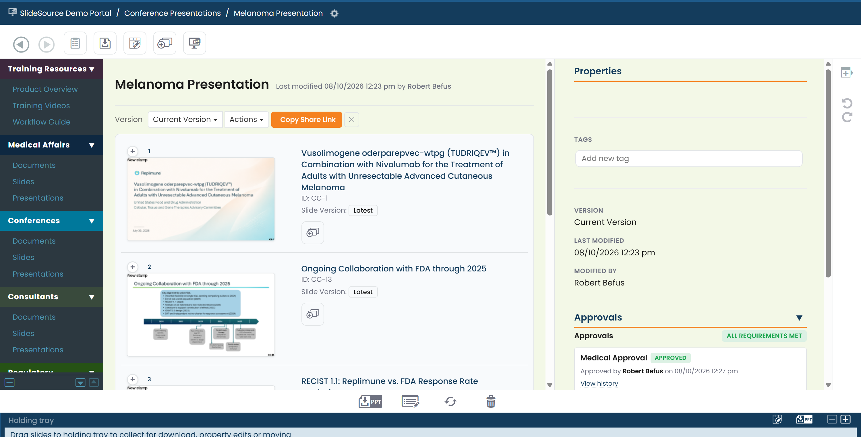 A presentation open in the two-pane deck view with slides and section headers
