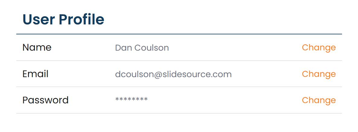 The profile page with name, email, and password fields