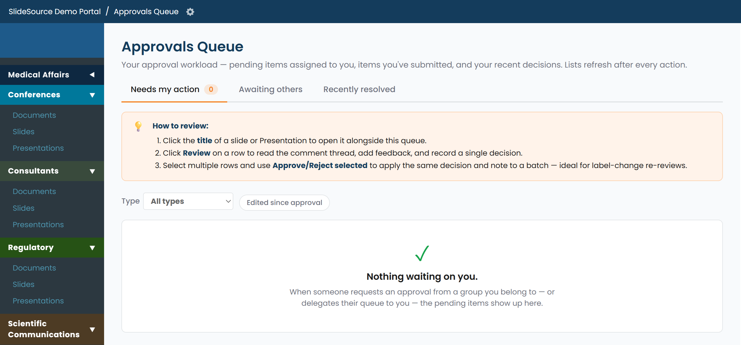 The Review queue listing slide versions awaiting an approve or reject decision