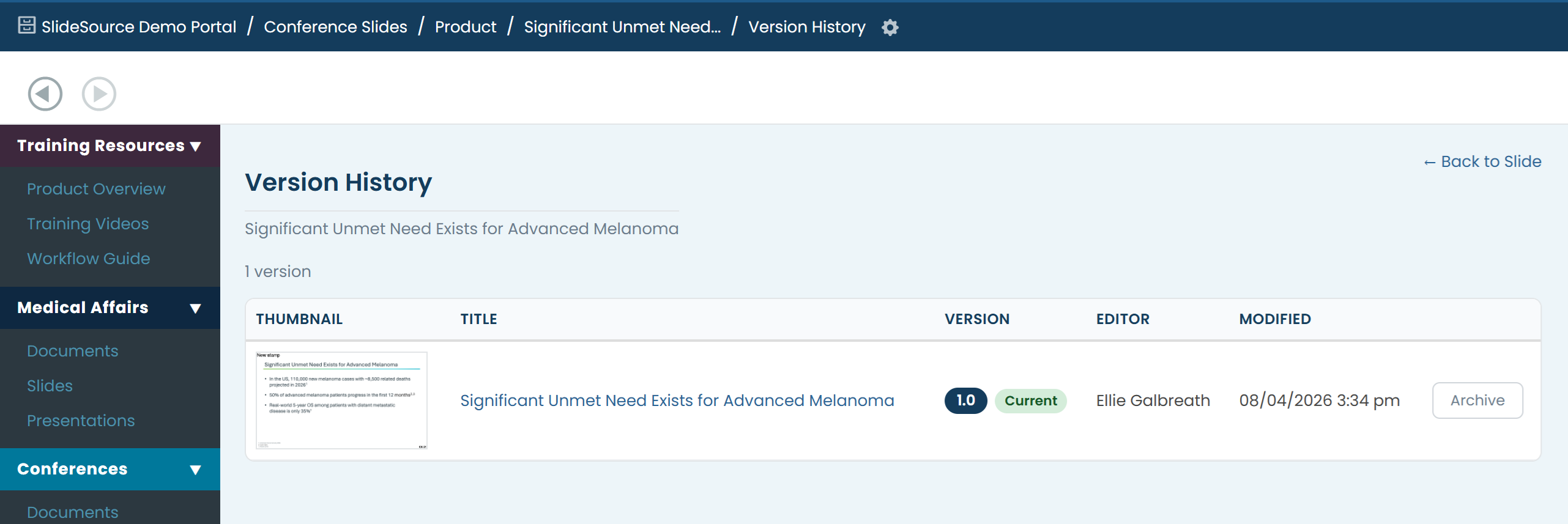 Version history list with per-version thumbnails, the Current pill, editor and date, and an approval column