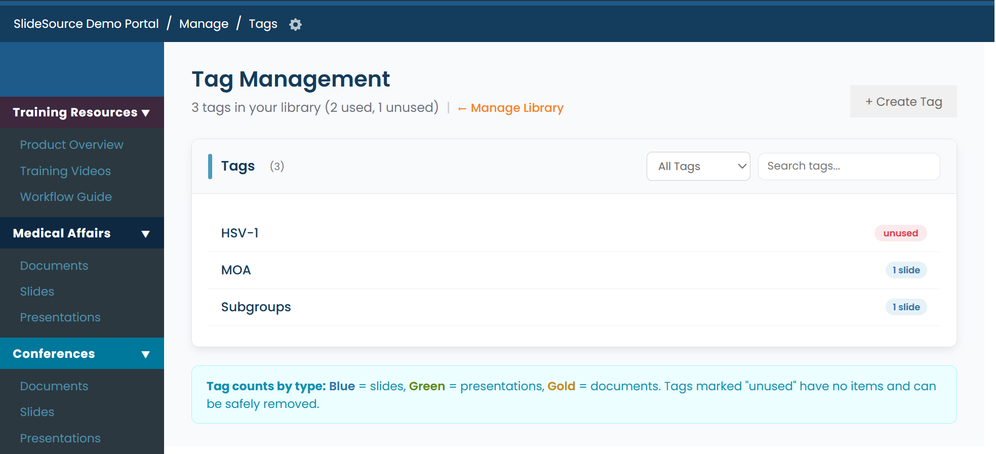 Tag Management showing each tag with its usage count and rename / remove controls