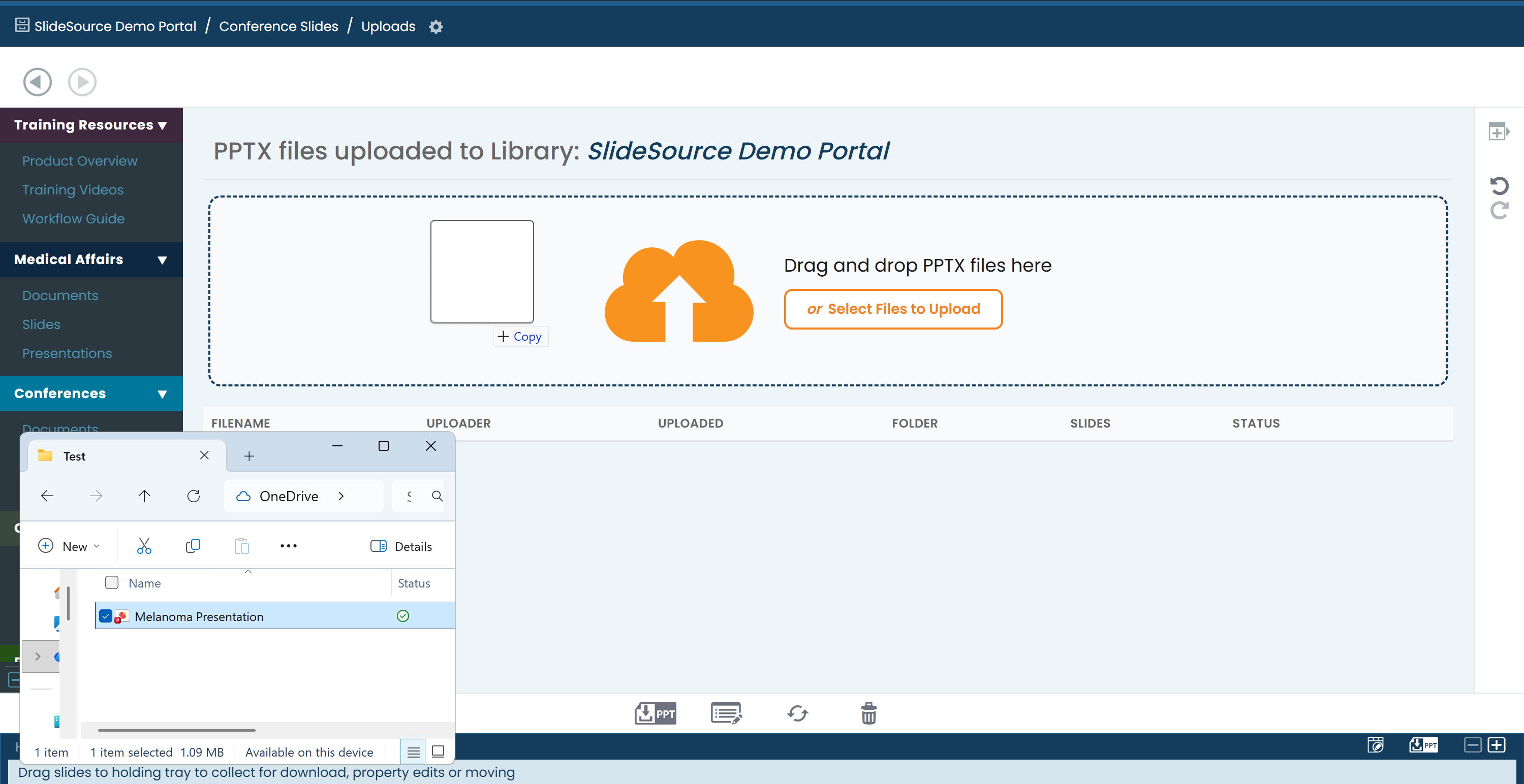 Dragging a .pptx file onto a slide folder to start the upload