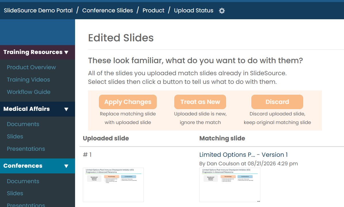 Edited Slides step showing a text diff, a pixel-diff percentage, and the Apply Changes / Treat as New / Discard choices