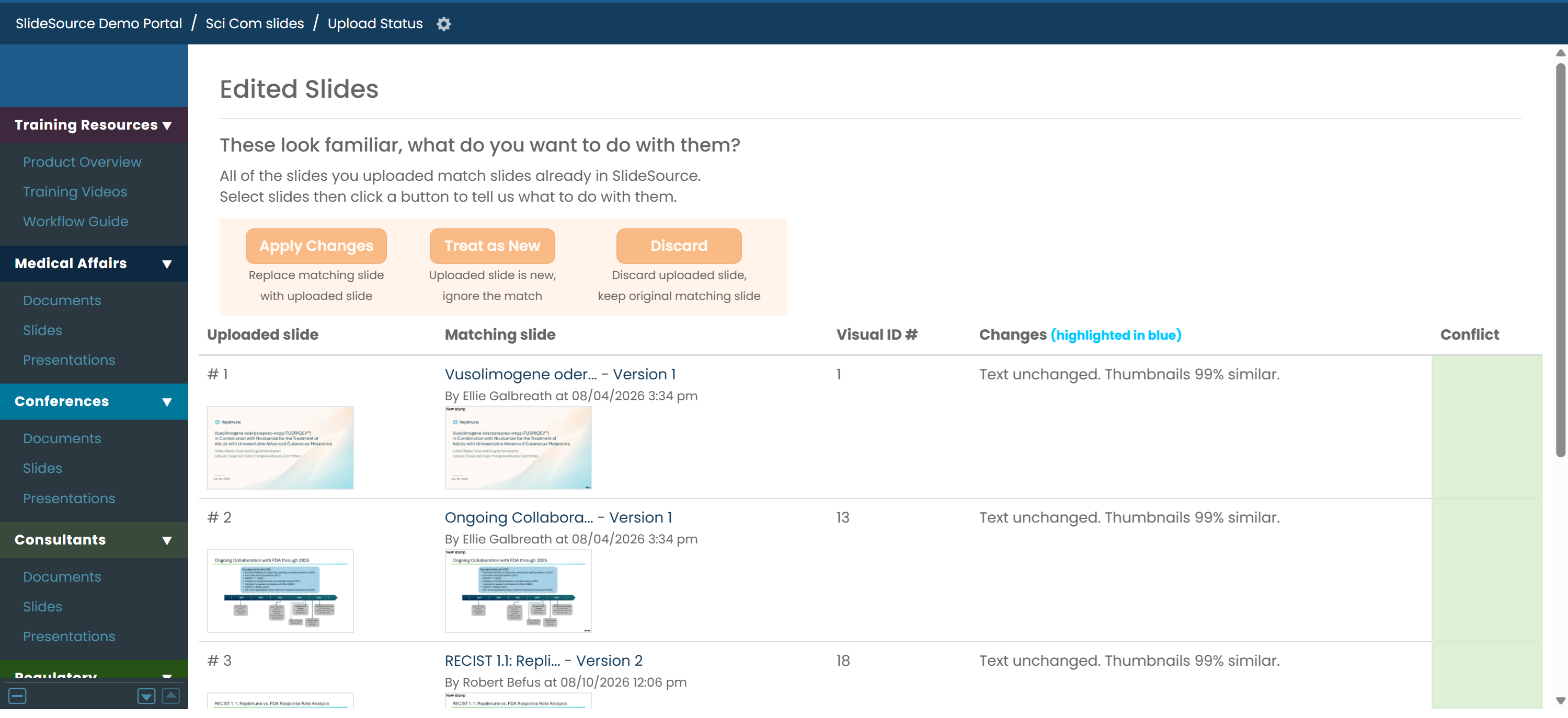 The upload screen showing incoming slides and the edited-vs-new resolution controls