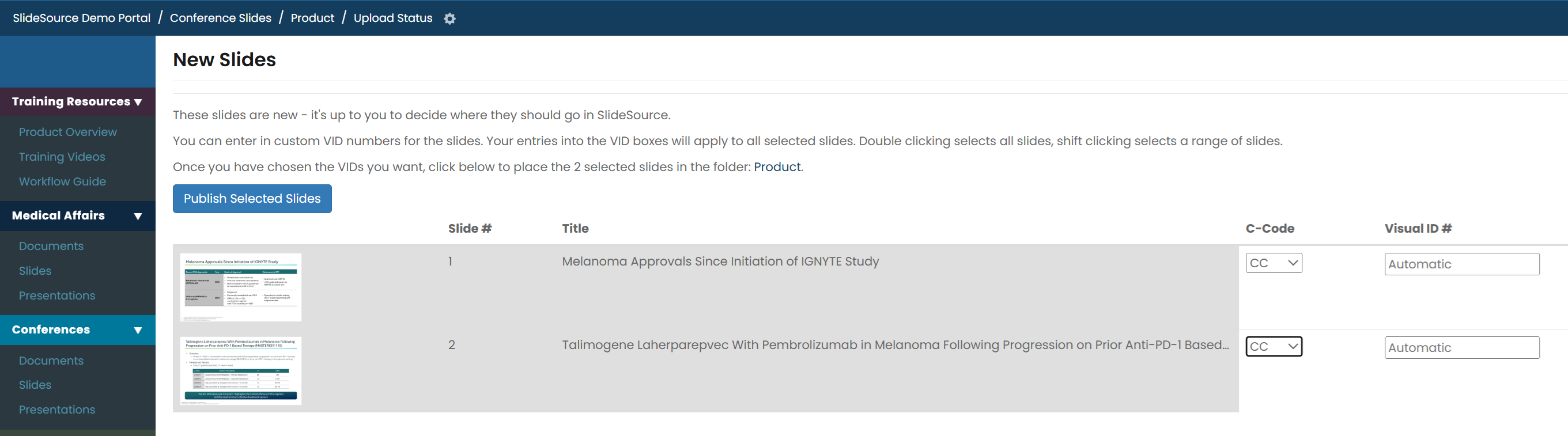 New Slides step in a VID library — C-Code dropdowns and Visual ID fields with a red duplicate-collision highlight